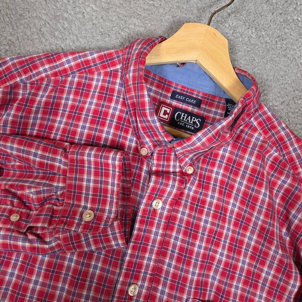 Chaps Button Down Shirt Mens XL Red Plaid Excellent Easy Care Long Sleeve‎